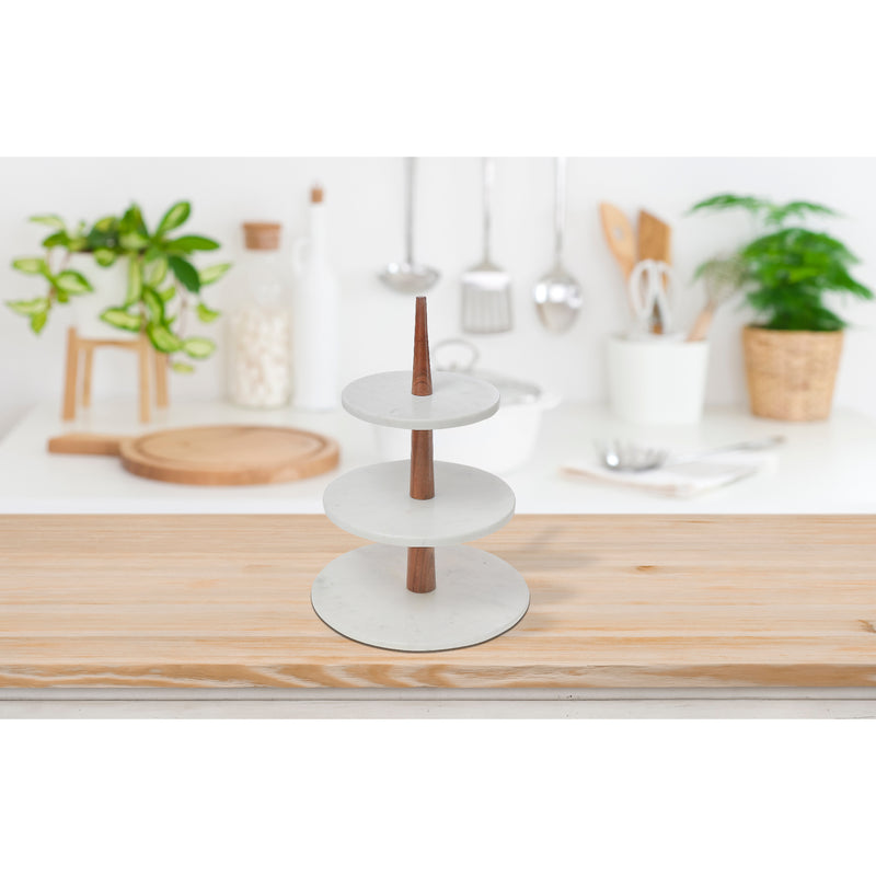 White 3 Tier Marble Cake Stand With Wood Pipe