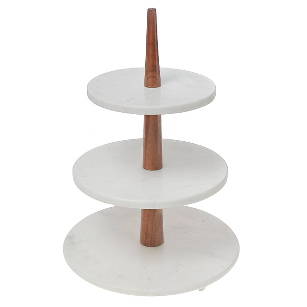 White 3 Tier Marble Cake Stand With Wood Pipe