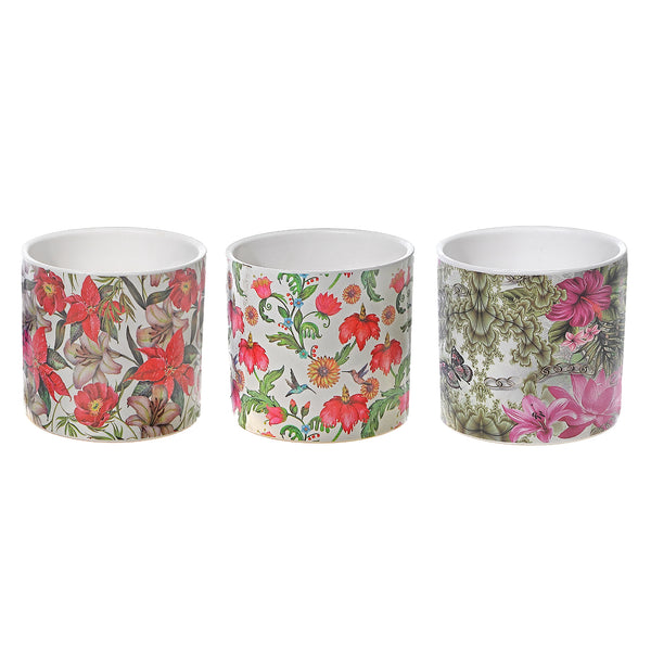 Ceramic Round Planters Tropical Floral - Set of 3
