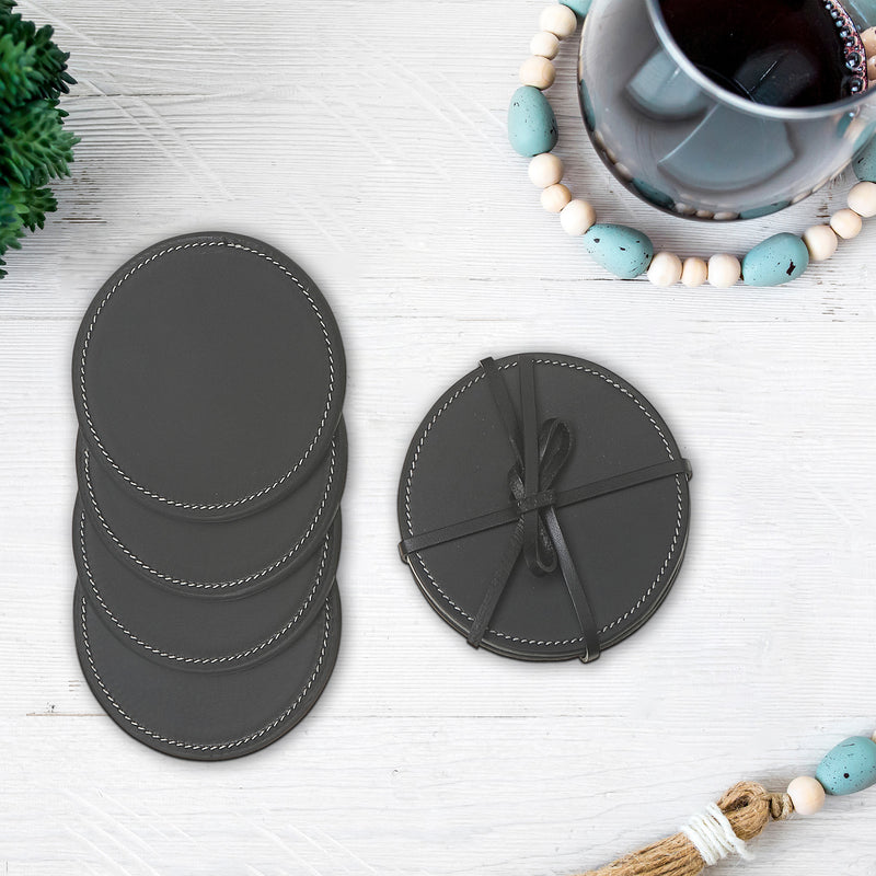 4Pc Round Genuine Leather Coasters