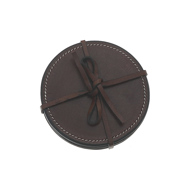 4Pc Round Genuine Leather Coasters