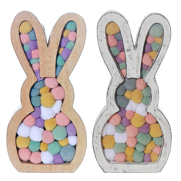 Wooden Sitting Bunny With Pompom - Set of 2