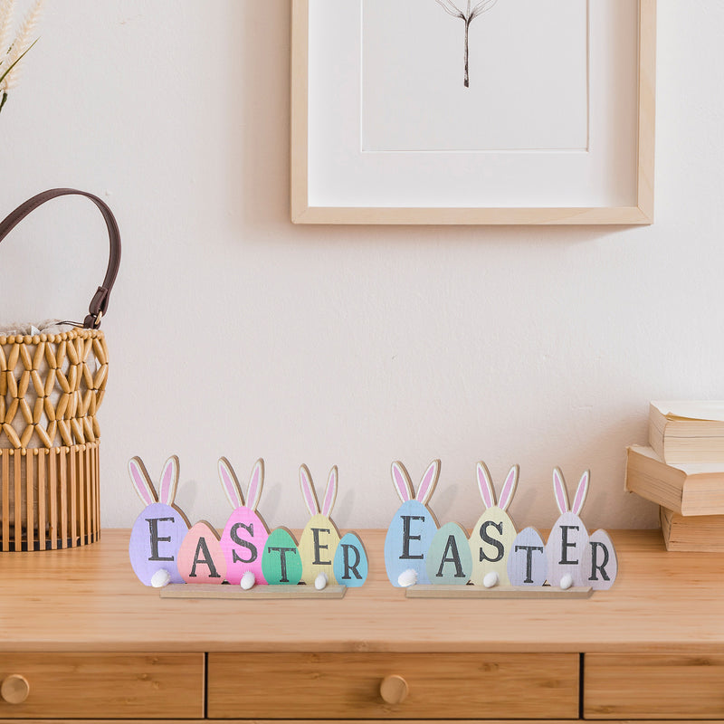 Wooden Bunny Easter Egg Sign - Set of 2
