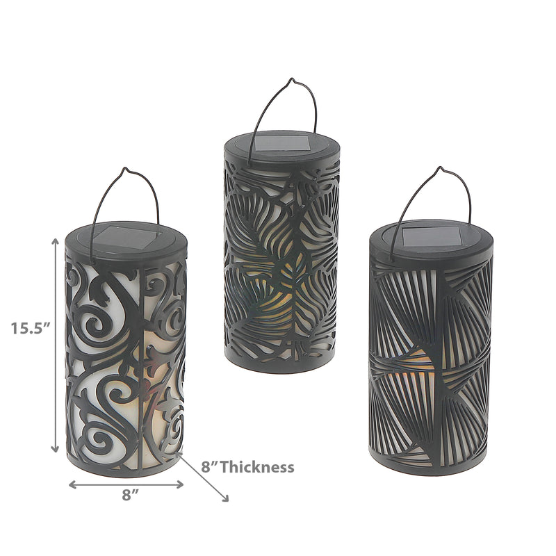 LED Solar Black Cylinder Lantern With Design