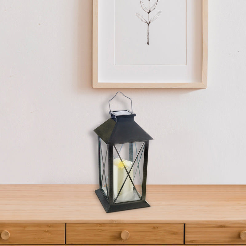 Led Solar Clear Glass Pane Lantern with Faux Candle