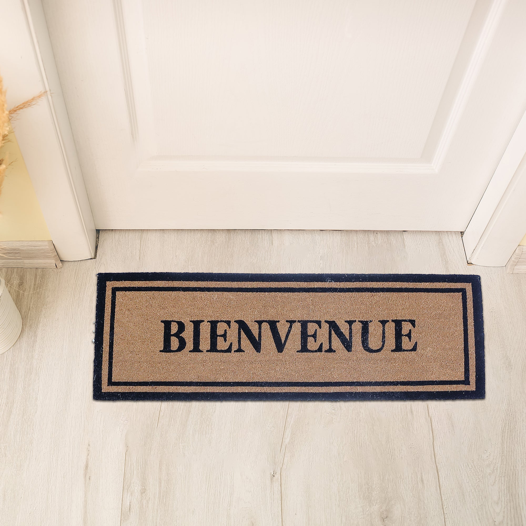 Coir Door Mat "Bienvenue" 16x48 Inch, Natural Fiber Welcome Mat, Entry