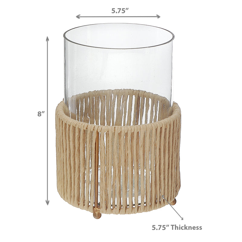 Glass Candle Holder Hurrican With Metal & Raffia Base