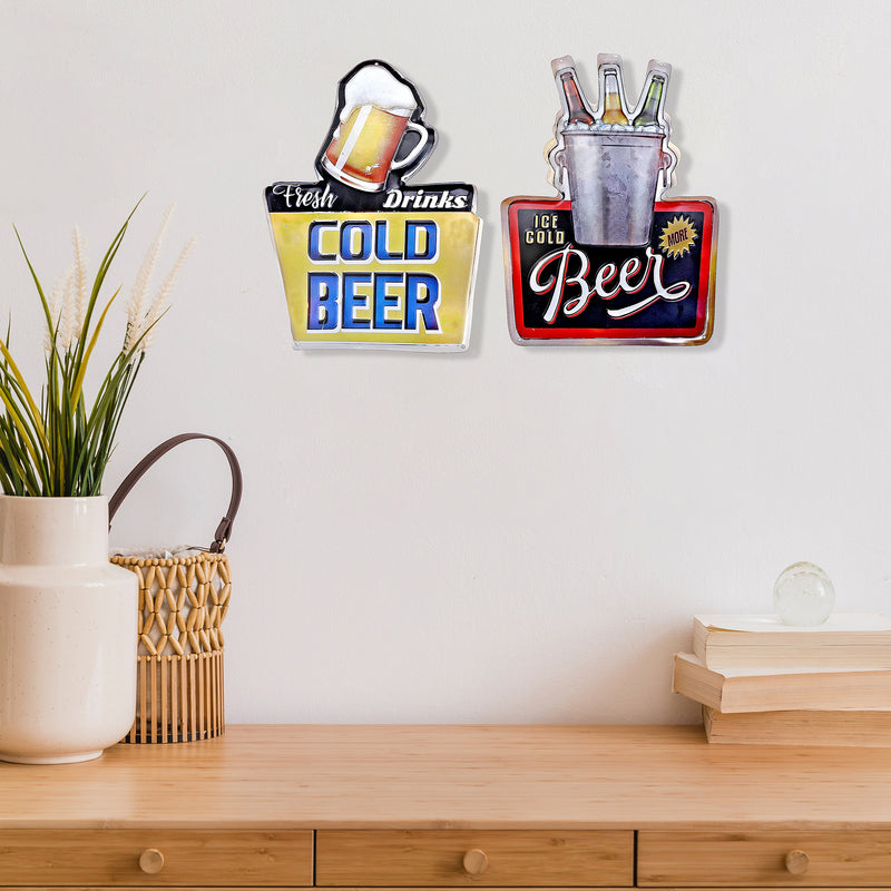 Embossed Metal Wall Sign Ice Cold Beer - Set of 2