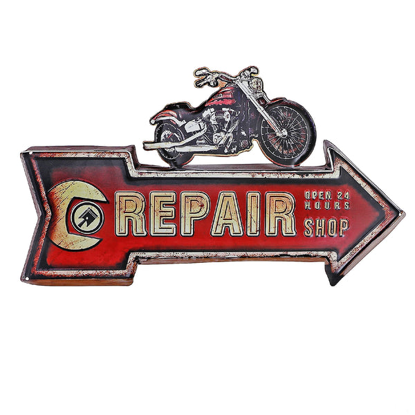Embossed Metal Wall Sign Motorcycle Repair Shop