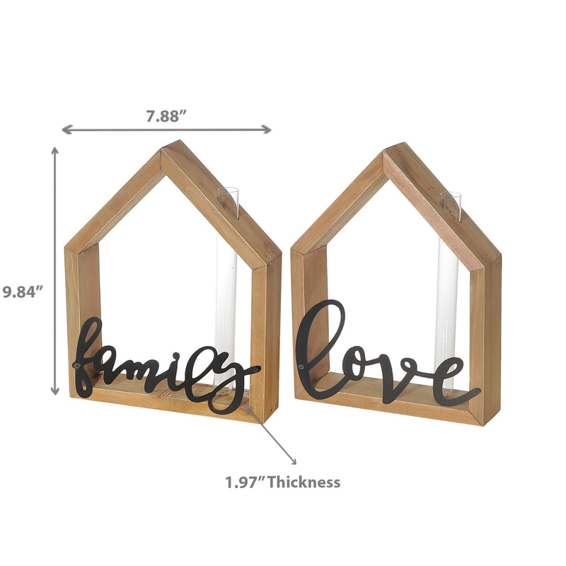 Wood House Shape & Tube Bottle With Metal Love & Home - Set of 2