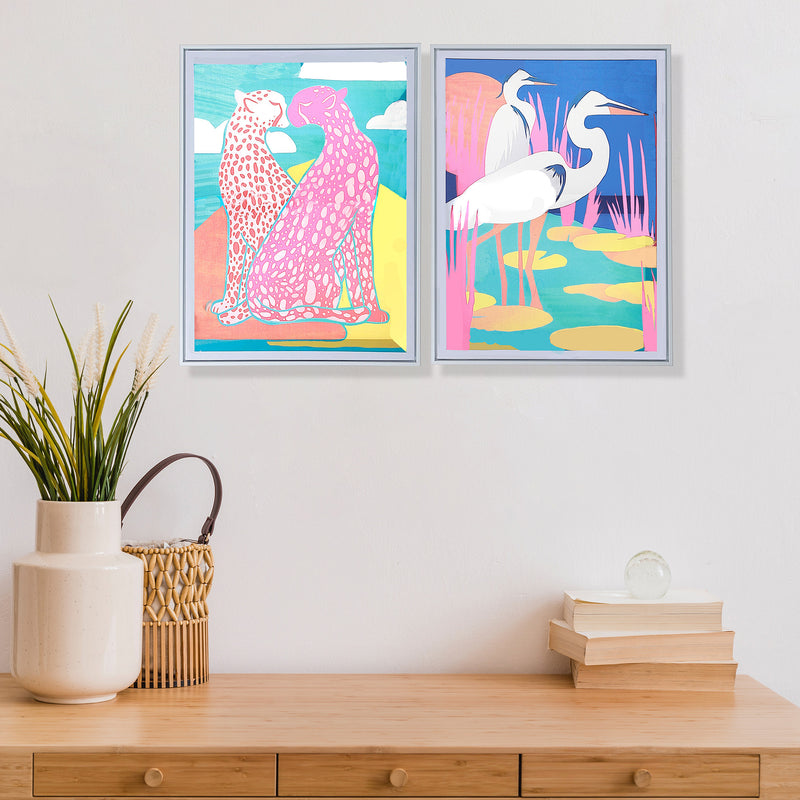 Framed Canvas Wall Art Crane & Leopard - Set of 2