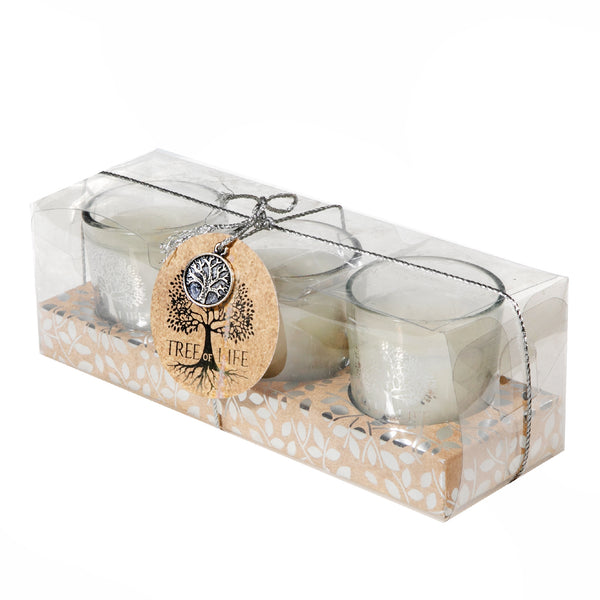Tree Of Life Set Of 3 Candles In Short Glass In Pvc Box