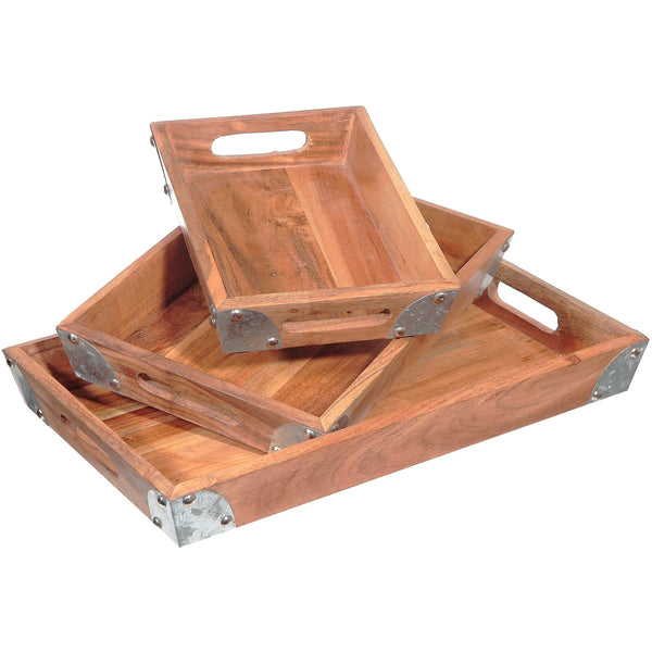 Rect. Wooden Tray With Metal Corners (Set Of 3)