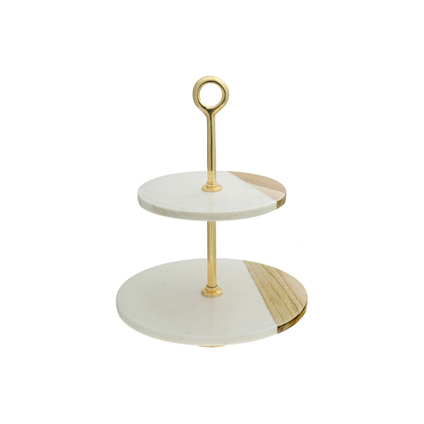 White Marble And Wood 2 Tier Cake Stand