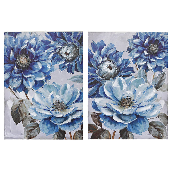Hand Painted Canvas Wall Art Blooming Blues - Set of 2