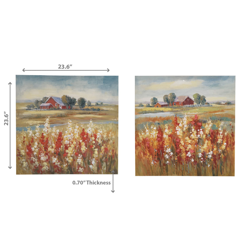 Hand Painted Canvas Wall Art Farm Field Flowers - Set of 2