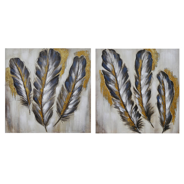 Hand Painted Canvas Wall Art Dainty Feathers - Set of 2
