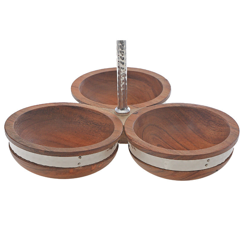 Natural Acacia Wood With Hammered Nickel 3 Section Server