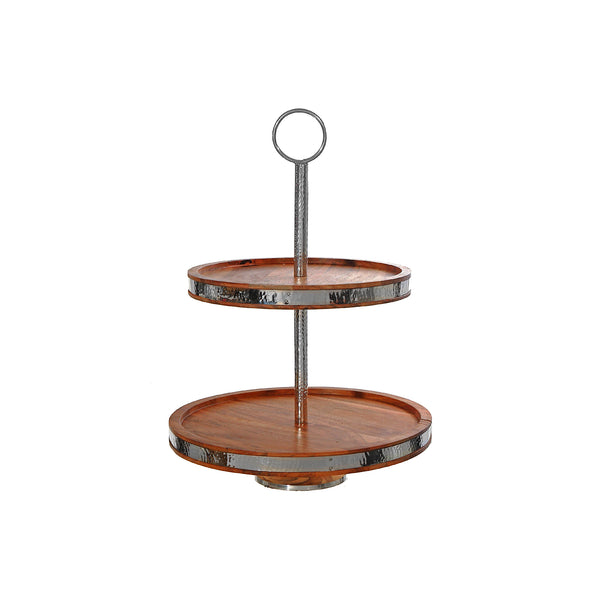 Natural Acacia Wood With Hammered Nickel 2 Tier Cake Stand