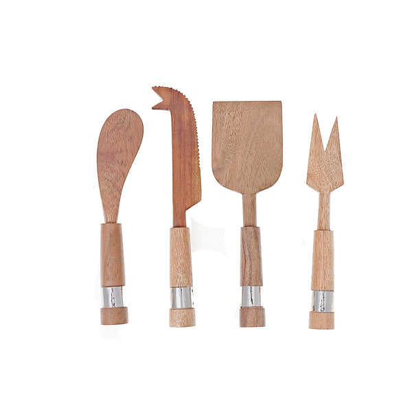 Natural Acacia Wood With Hammered Nickel 4 Pc Cheese Cutlery Set
