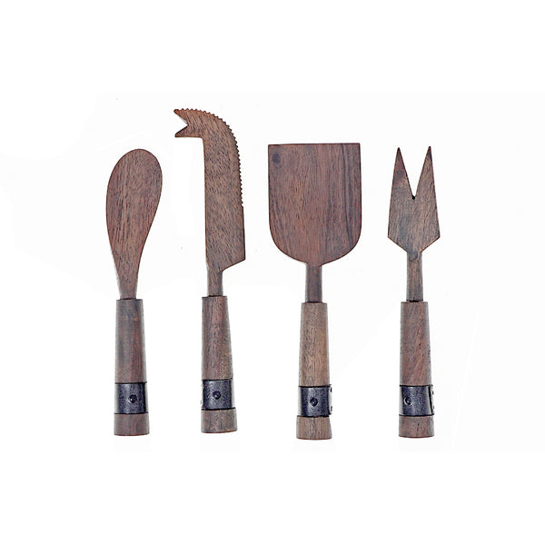Gray Acacia Wood With Riveted Gunmetall 4 Pc Cheese Cutlery Set