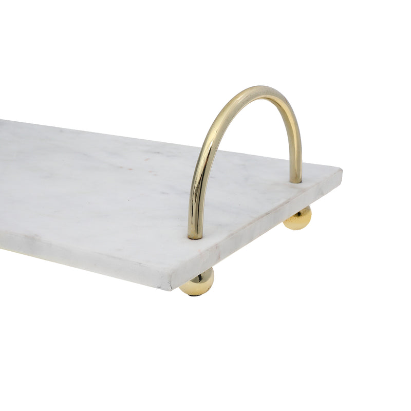 White Marble Rect. Serving Tray With Gold Handles