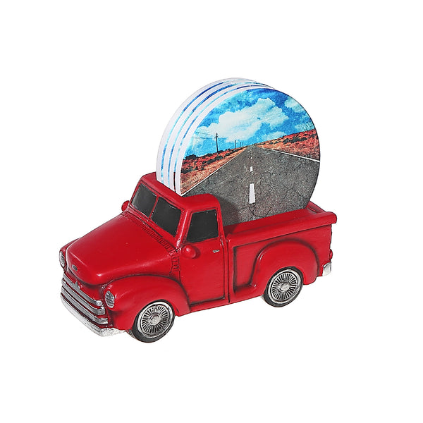 Set Of 4 Coasters With Red Truck Holder