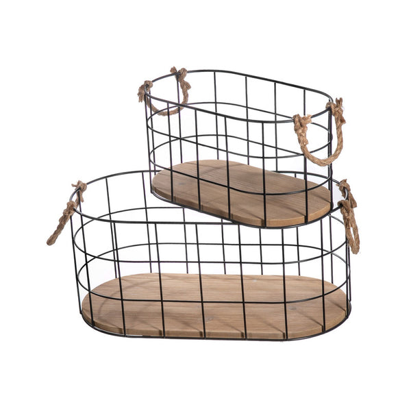Metal Grid Wire Basket With Wooden Base (Set Of 2)