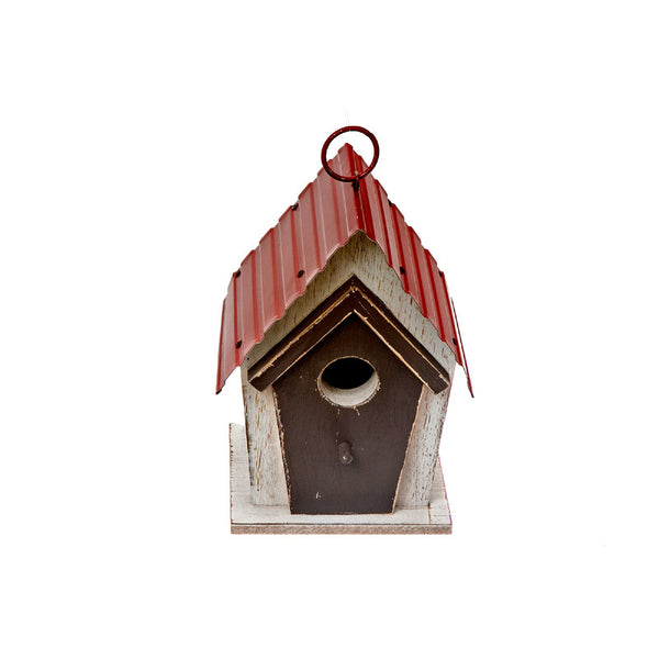 Wood Birdhouse With Rippled Metal Red Roof