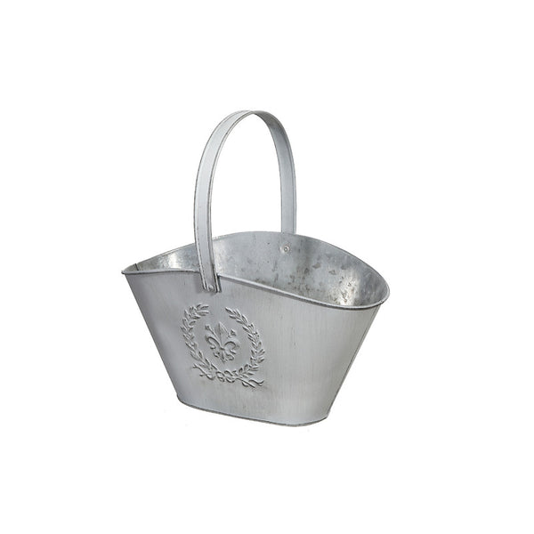Embossed White Metal Planter With Handle (Basket)