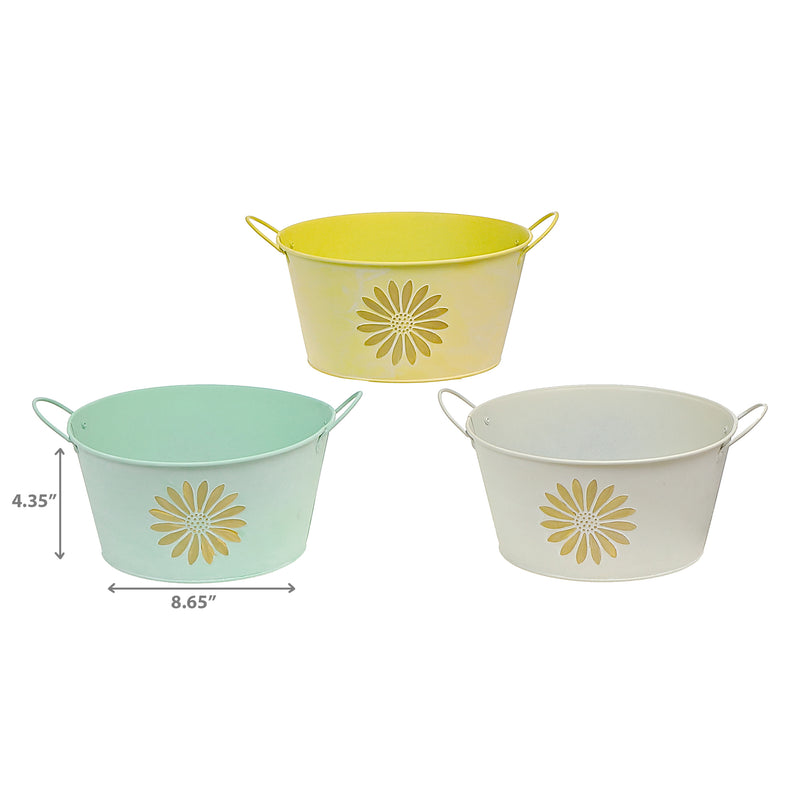 Embossed Daisy Metal Round Planter With Handle Asstd - Set of 3