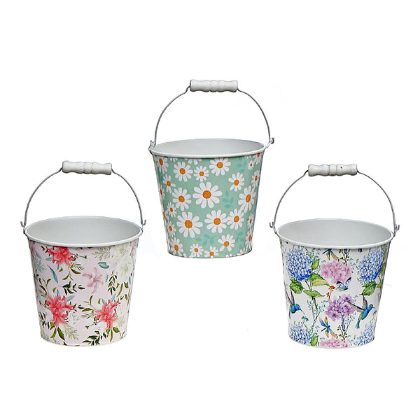Floral Metal Round Planter With Handle Asstd - Set of 3