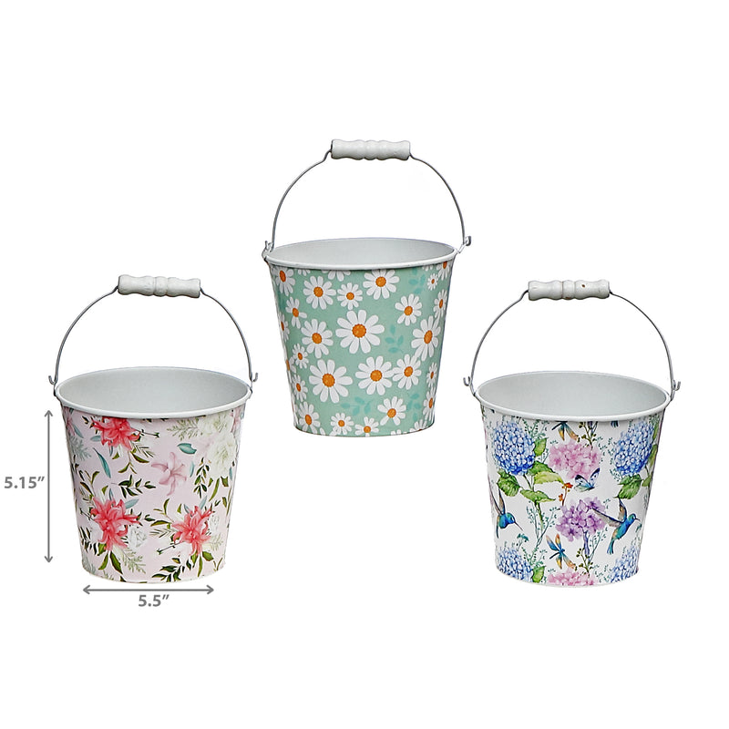 Floral Metal Round Planter With Handle Asstd - Set of 3