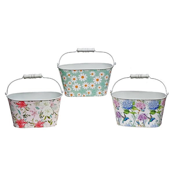 Floral Metal Oval Planter With Handle Asstd - Set of 3