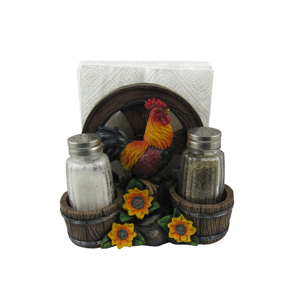Salt And Pepper Shaker W Napkin Holder (Rooster Country Diner) 6 In.