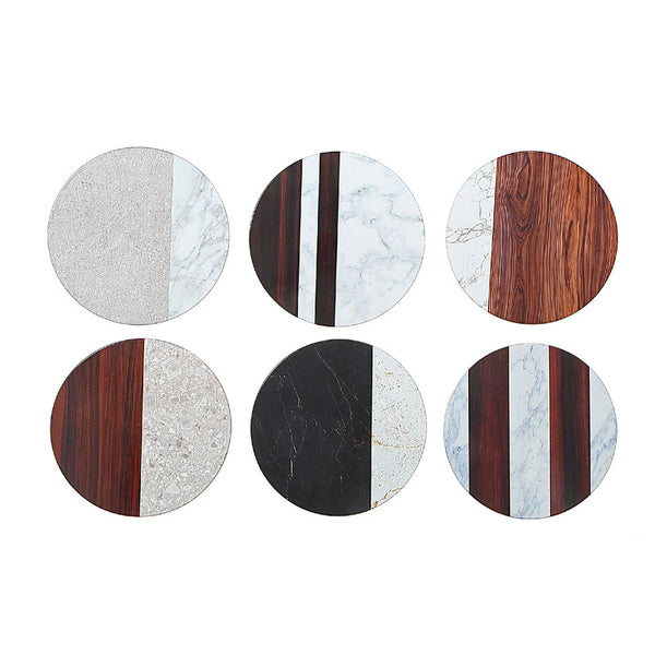 8" Round Ceramic Trivet (Marble And Wood) (Asstd) - Set of 6