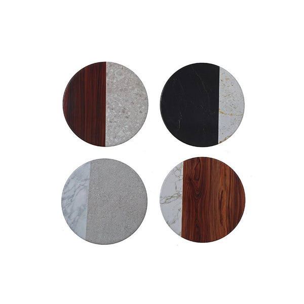 4 Pc Round Ceramic Coasters (Marble And Wood) - Set of 4