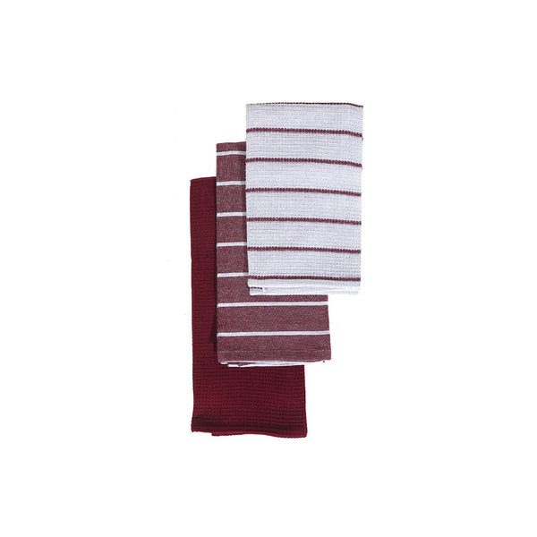 3 Pack Kitchen Towel Set (Burgundy Striped)