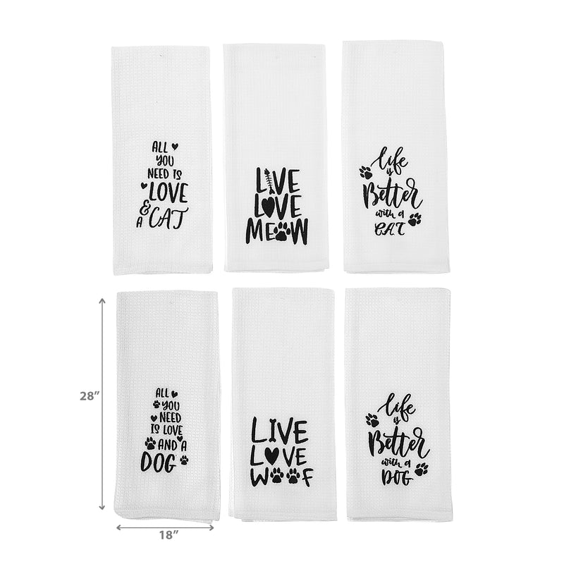 Embroidered White Waffle Kitchen Towel Pet Lovers Asstd - Set of 6