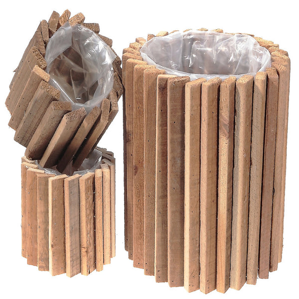 Round Domino Wood Blocks Planter With Liner (Set Of 3)