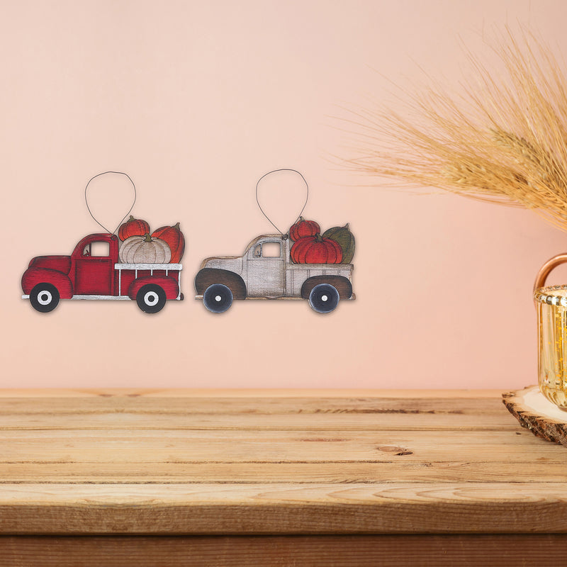Wooden Truck With Pumpkins Ornament - Set of 2