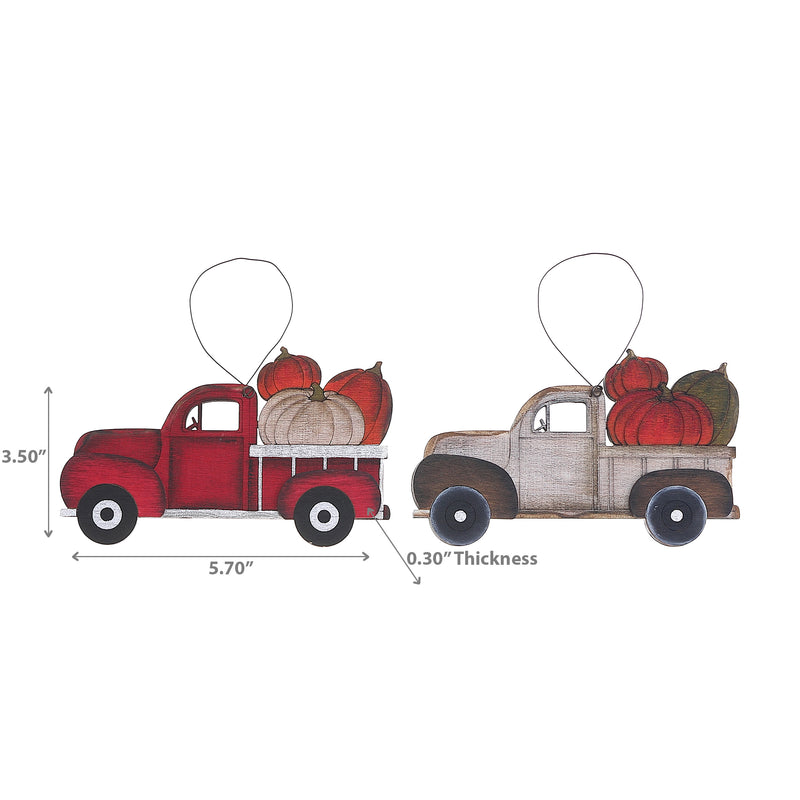 Wooden Truck With Pumpkins Ornament - Set of 2