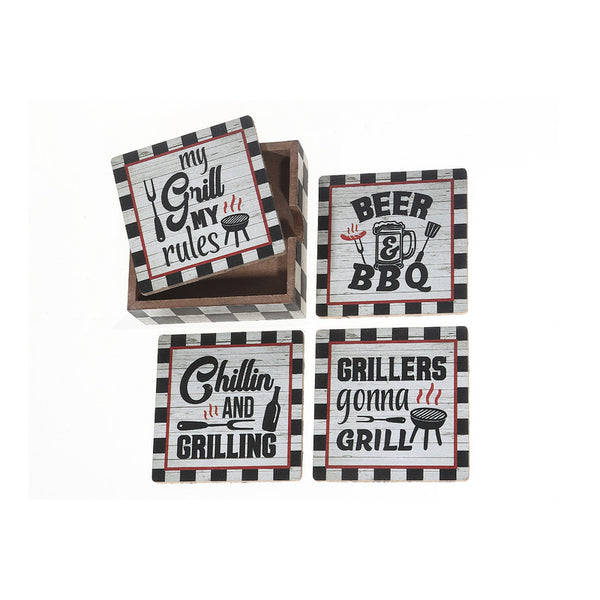 Set Of 4 Wooden Coaster With Holder (Barbeque)