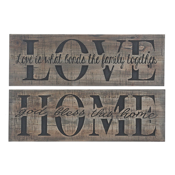 Distressed Wood Wall Sign With Engraving (Home/Love) (Asstd) - Set of 2