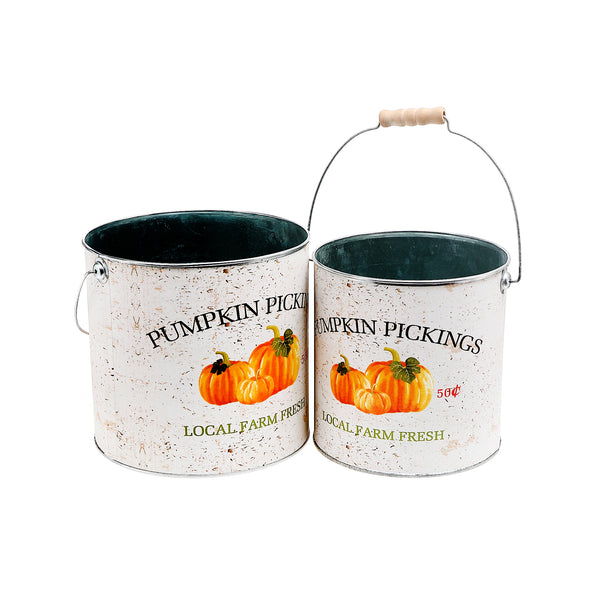 Round Metal Pumpkin Pickings Bucket (Set Of 2)