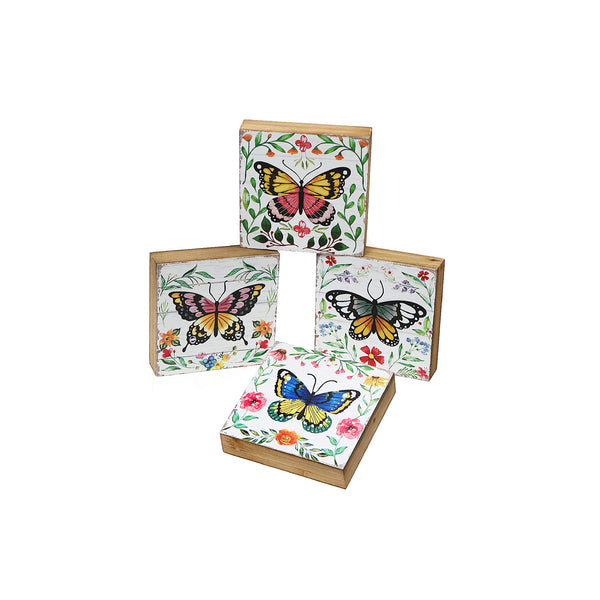 Square Wood Blocks Butterfly Asstd - Set of 4