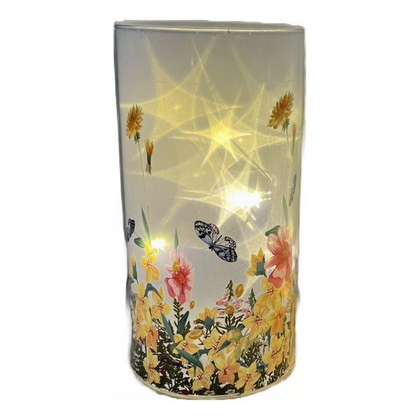 Cylinder Led Painted Glass Decor Floral Garden 6.75"