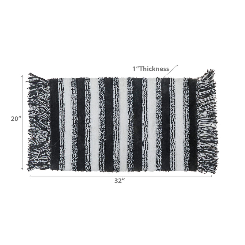 Microfibre Striped Bath Mat With Fringe Black 20X32