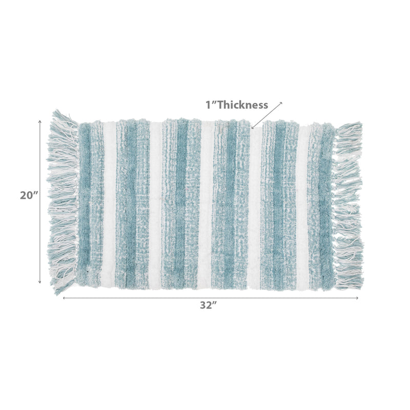 Microfibre Striped Bath Mat With Fringe Blue 20X32