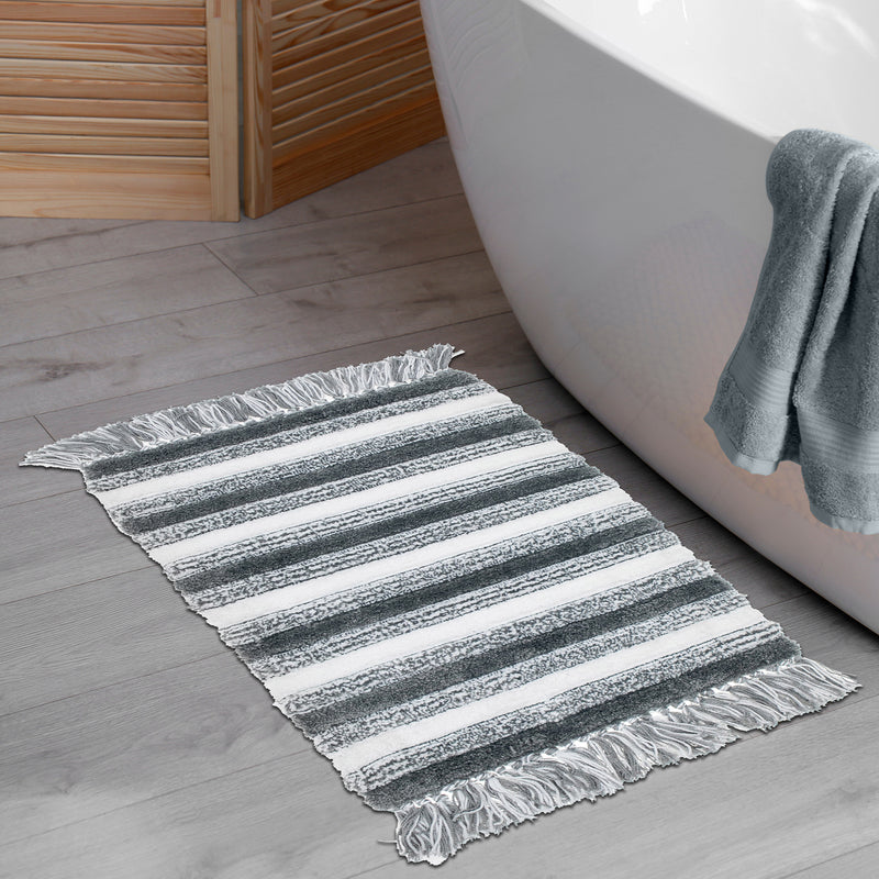 Microfibre Striped Bath Mat With Fringe Gray 20X32